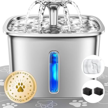 Veken Innovation Award Winner Stainless Steel Cat Water Fountain, 95oz/2.8L Automatic Pet Fountain Dog Water Dispenser